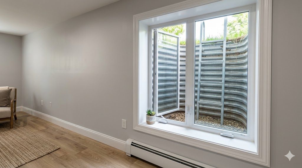 A basement egress window and window well letting in daylight