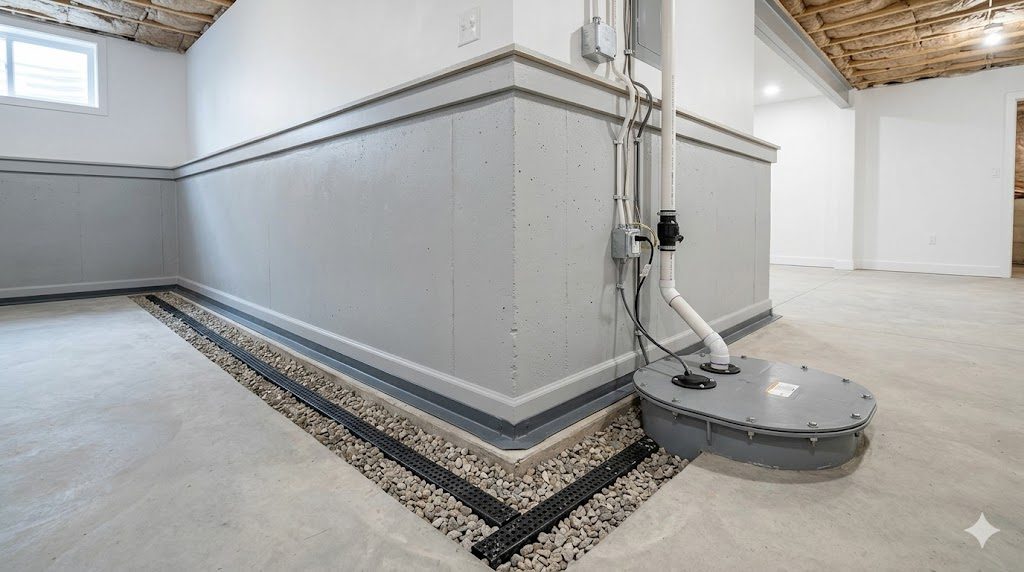 Basement waterproofing with a sump pump and sealed foundation