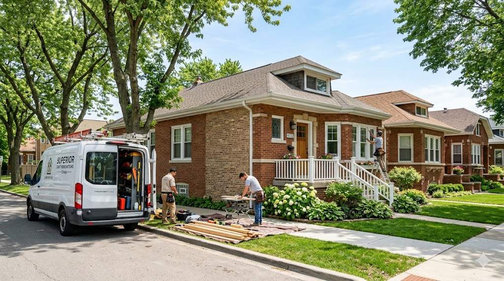 Chicago brick bungalow exterior with a remodeling crew and contractor van working on a sunny summer day