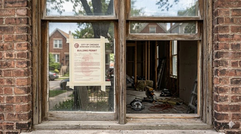 Official City of Chicago building permit placard taped inside the window of a home under renovation