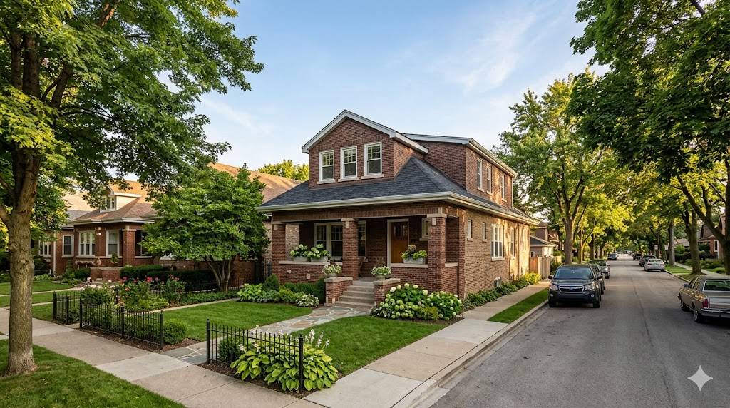 Chicago brick bungalow with a tasteful second-story dormer addition on a tree-lined street
