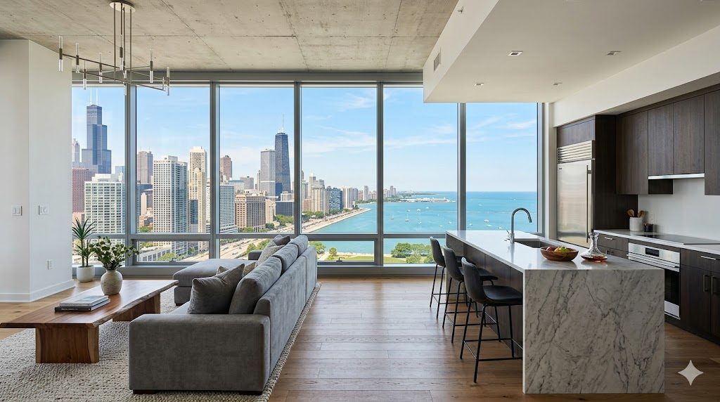 Modern downtown Chicago high-rise condo living room and kitchen with floor-to-ceiling skyline views