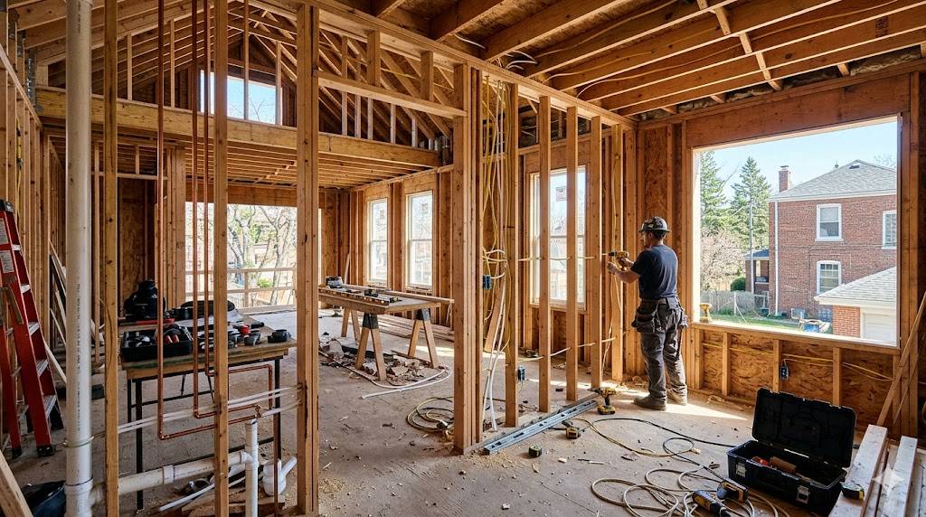 Interior of a Chicago home gut renovation down to the studs with exposed framing and rough-ins