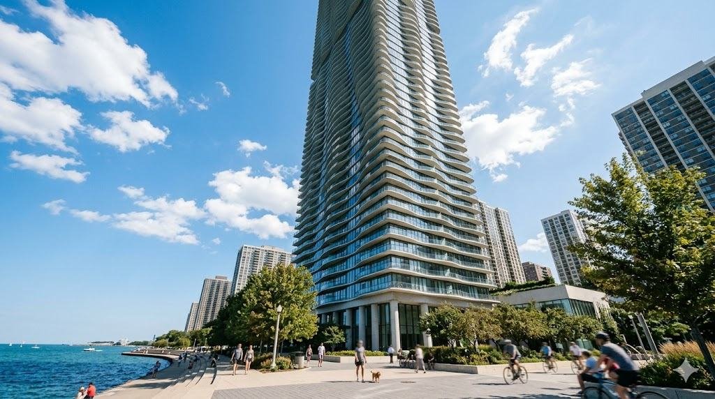 Chicago lakefront high-rise condo building against a blue sky