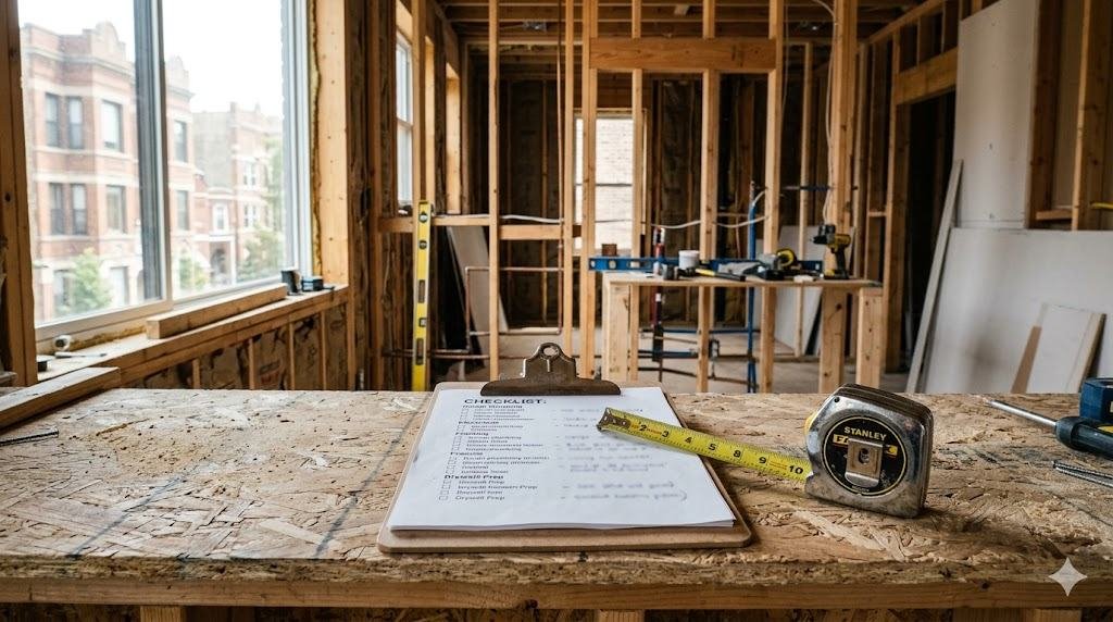 A clipboard and tape measure on a kitchen mid-construction during a Chicago permit inspection