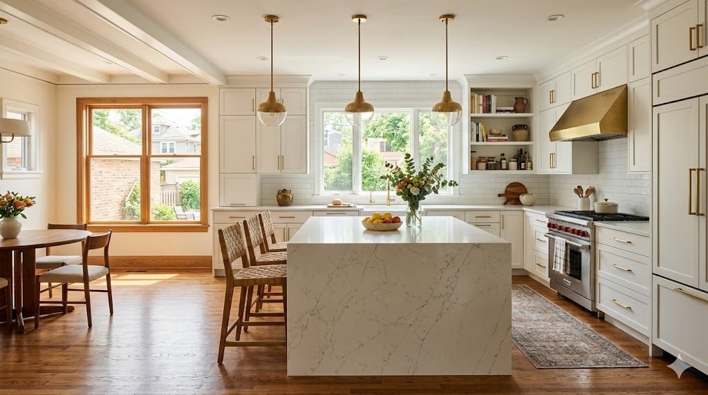 Remodeled Chicago bungalow kitchen with white cabinets and quartz island by Pegasus Construction