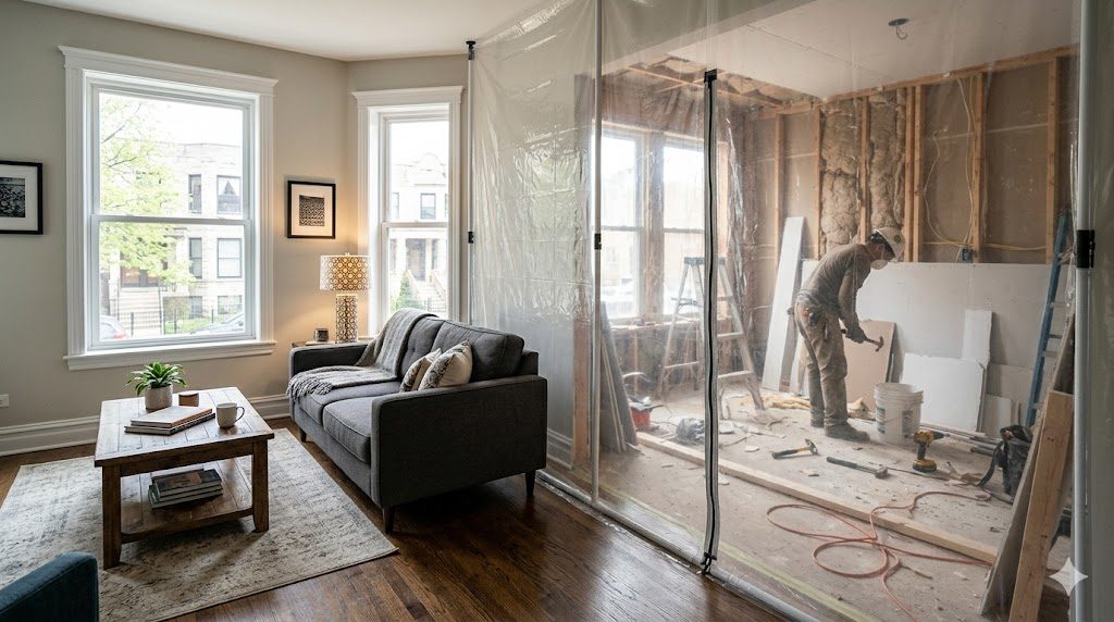 Chicago home mid-renovation with a plastic dust barrier separating finished living space from a construction zone