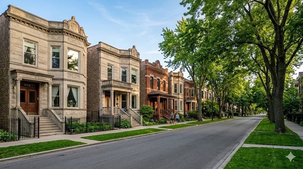 Row of classic Chicago greystone and brick two-flat homes on a tree-lined neighborhood street