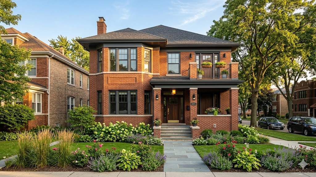 Beautifully renovated classic Chicago brick two-flat home exterior with fresh modern updates