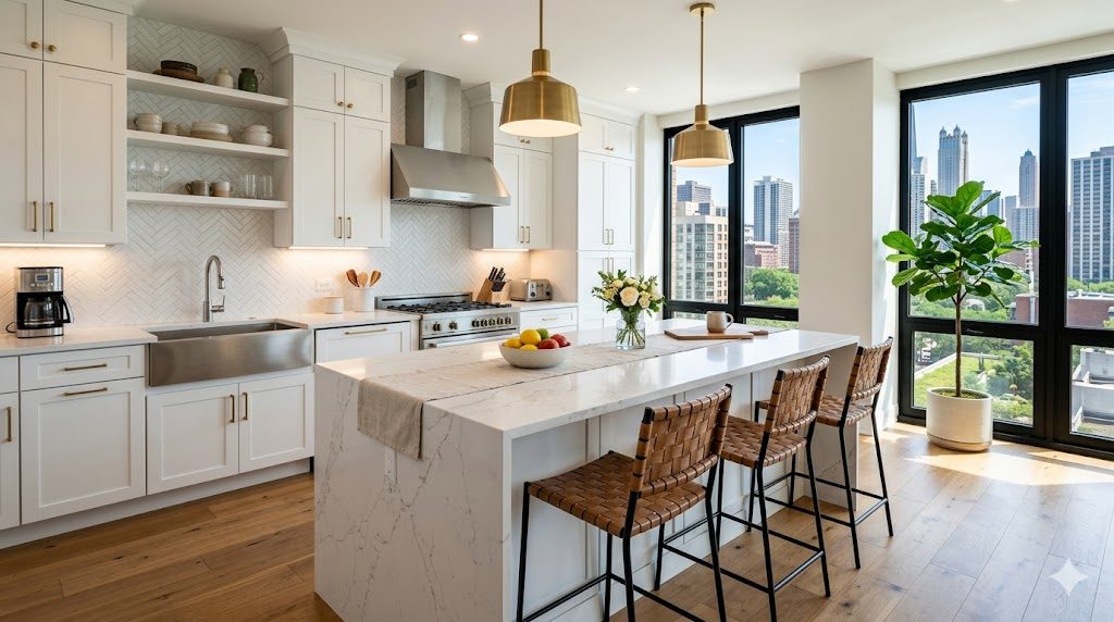 Bright beautifully renovated modern Chicago kitchen with white cabinets and a quartz island