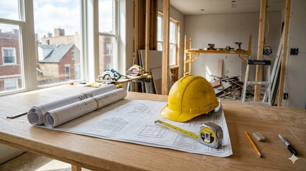 Architectural blueprints, hard hat and tape measure on a table in a Chicago home under renovation