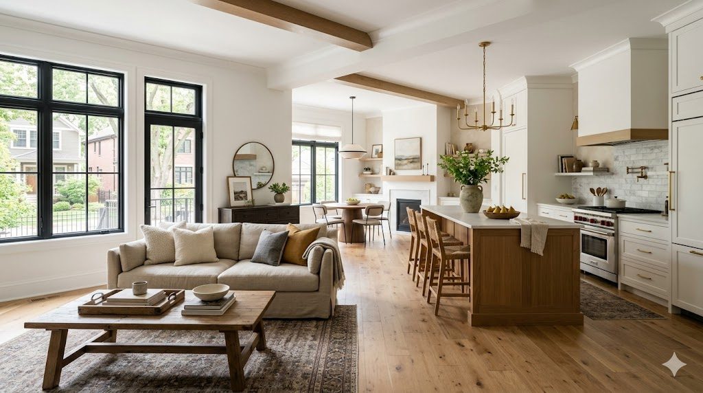 Bright, beautifully finished open-concept living room and kitchen in a Chicago home after a remodel