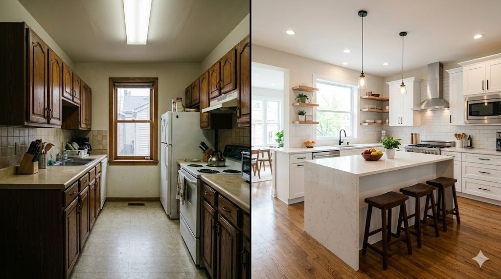 Before and after of a Chicago two-flat kitchen remodel