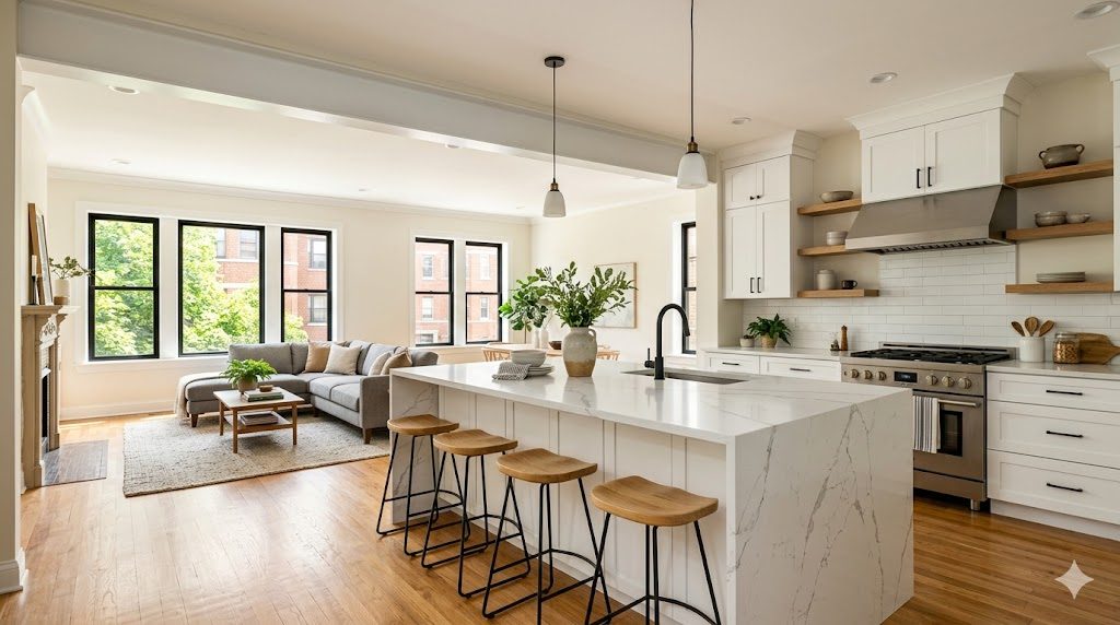 Open-concept kitchen in a renovated Chicago two-flat with a steel beam, waterfall island, and sightline to the living room