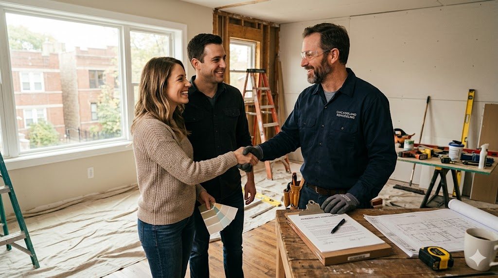 Homeowners shaking hands with a professional remodeling contractor in a Chicago home under renovation