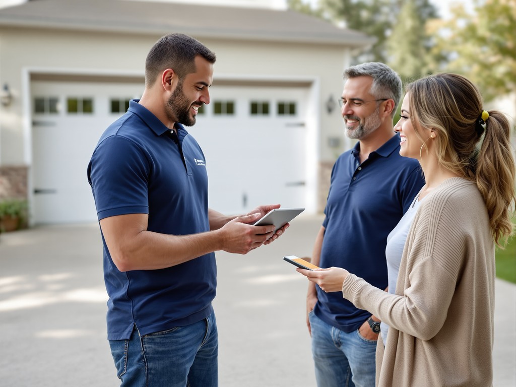Concrete specialist reviewing finishes with homeowners on the driveway