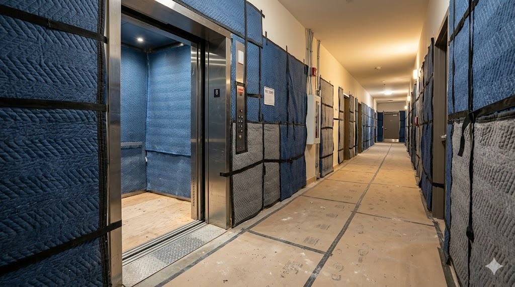 A condo service elevator and hallway protected with moving blankets for a renovation