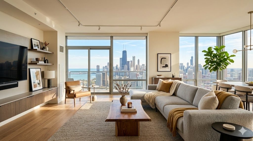 Renovated Chicago condo interior with floor-to-ceiling windows and a skyline view