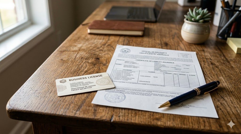 A contractor license and certificate of insurance on a desk