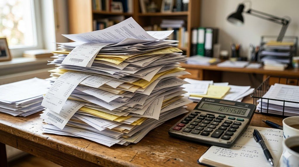 A growing stack of itemized invoices and receipts on a desk