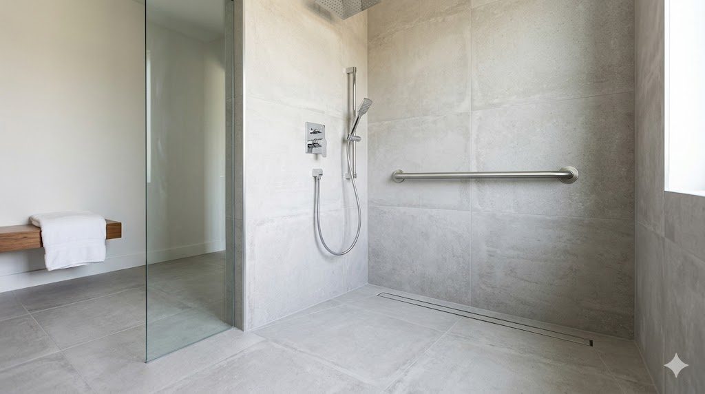 Close-up of a curbless walk-in shower with a grab bar and handheld wand