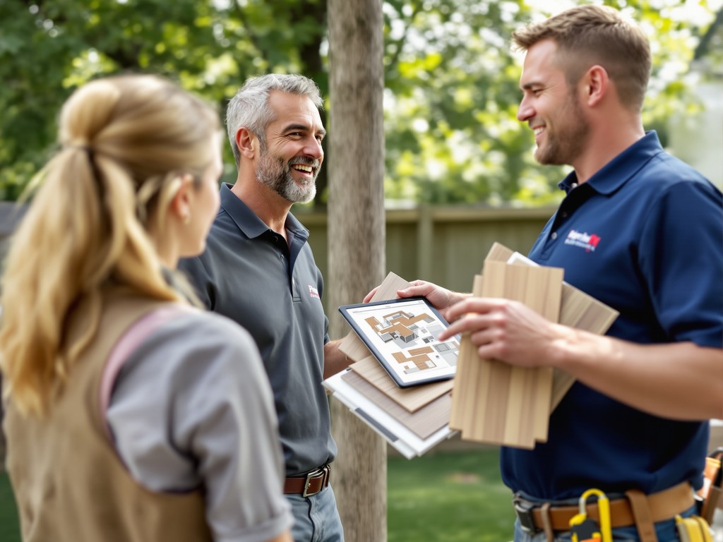Deck specialist reviewing materials with homeowners on site