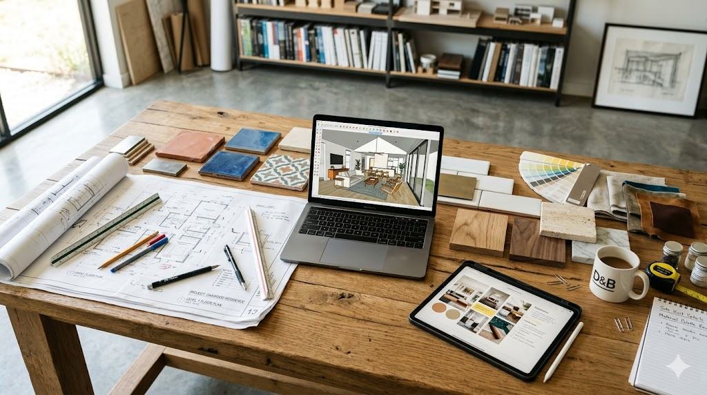 A unified design-build table with plans, material samples and a 3D rendering