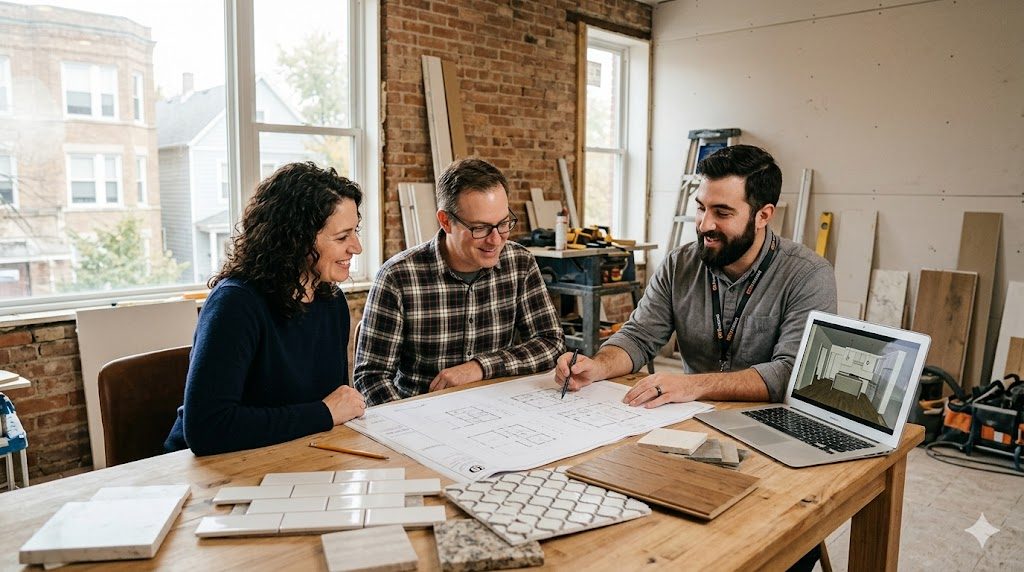 Design-build professional reviewing remodeling blueprints and material samples with a homeowner couple in a Chicago workshop
