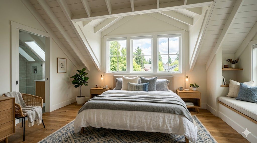 A finished second-floor primary suite with a sloped dormer ceiling