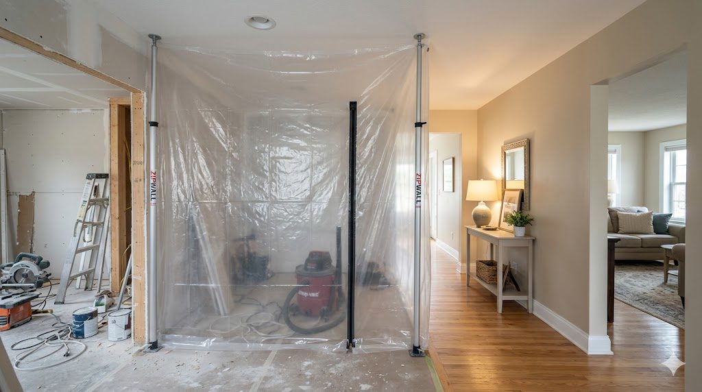 A plastic dust-barrier zip wall separating a renovation zone from living space