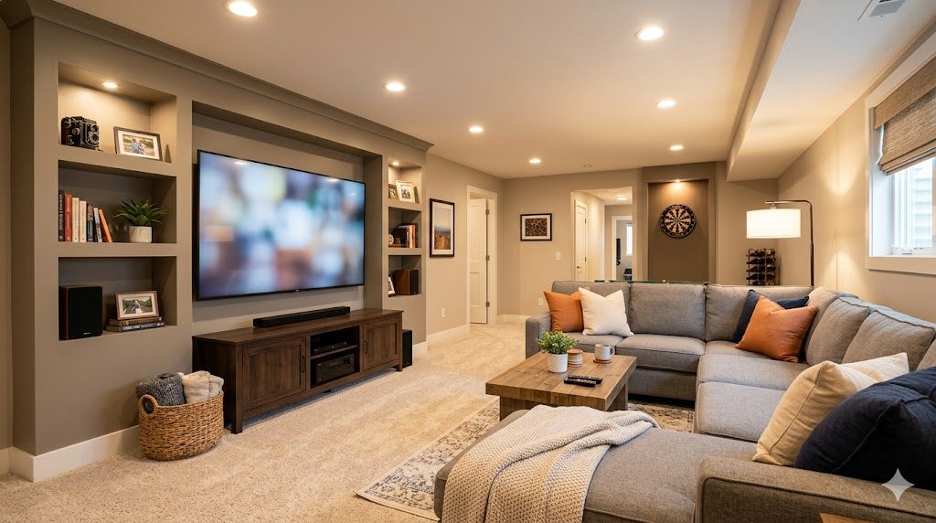A cozy finished basement rec room