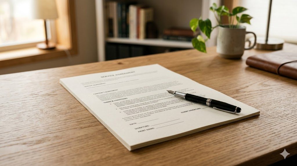 A single clean fixed-price contract with a pen on a tidy desk