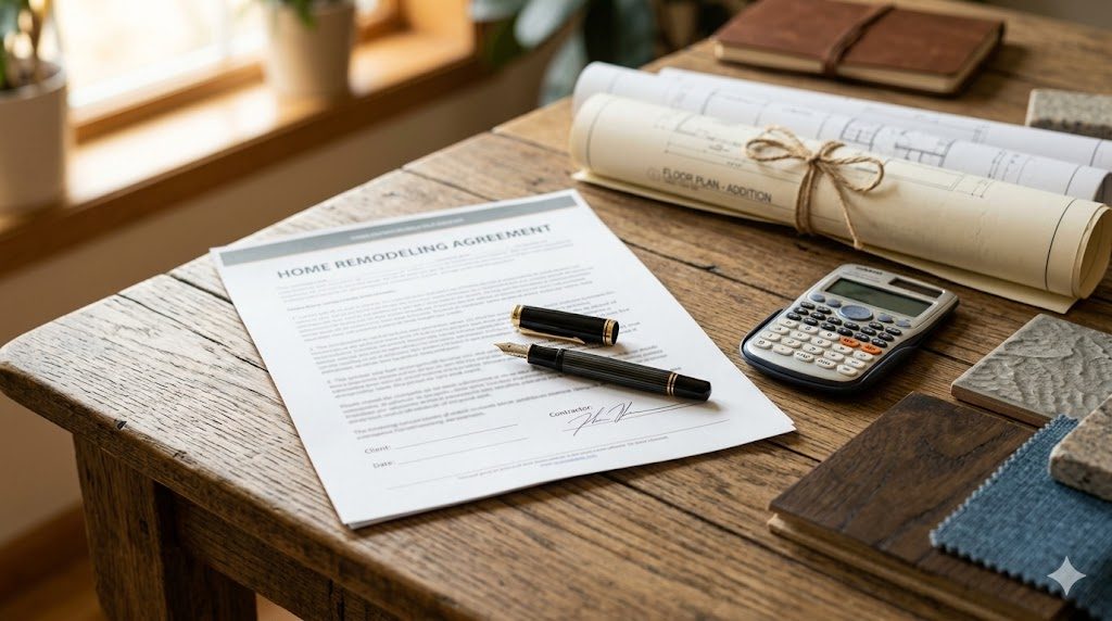 Home remodeling contract on a wooden table with a pen, rolled blueprints, calculator, and material swatches