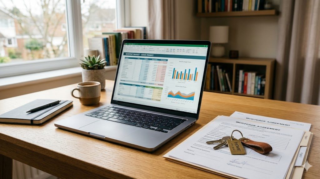 A laptop showing home finances next to documents and house keys