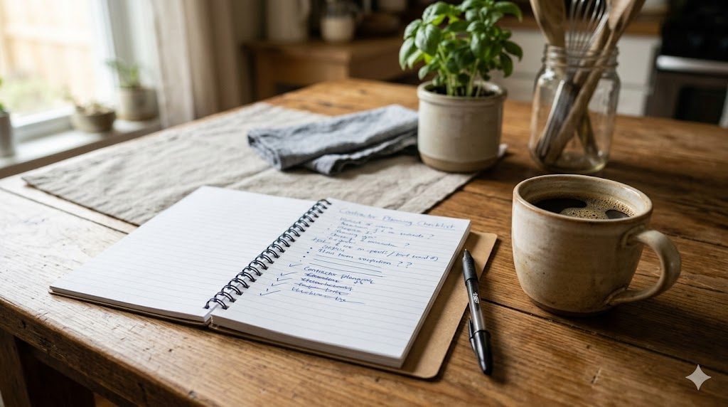 A homeowner notepad of questions and a pen at a kitchen table
