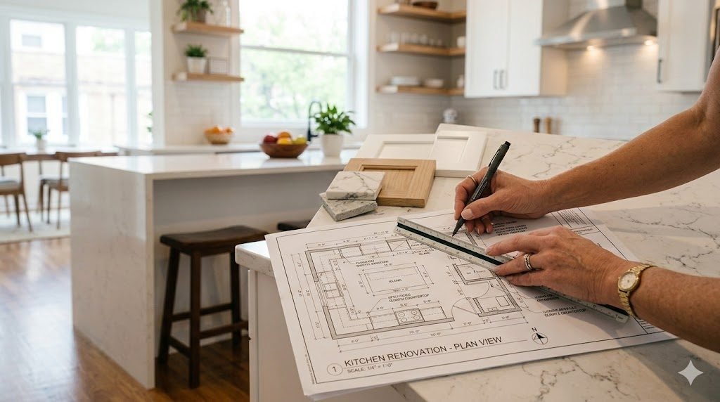 Designer reviewing a Chicago kitchen remodel plan with quartz and cabinet samples