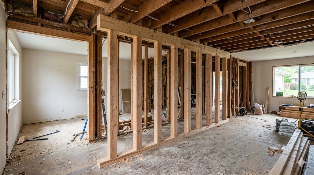 Temporary shoring supporting a ceiling during load-bearing wall removal