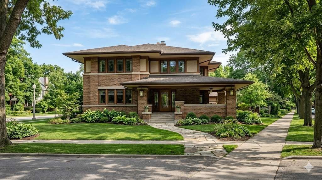 A Prairie-style home exterior in a near Chicago suburb like Oak Park