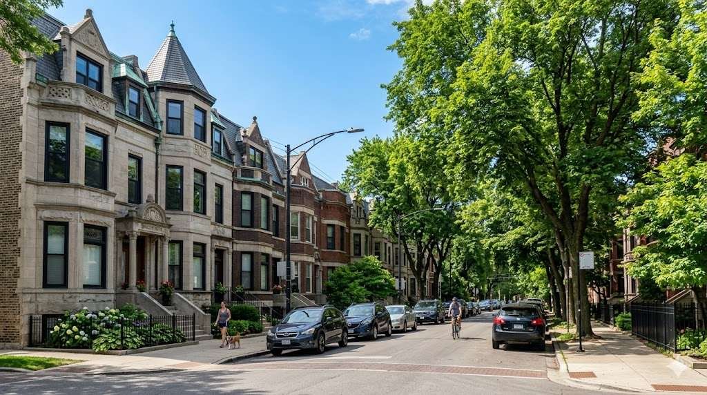 Tree-lined Chicago North Side street with classic greystone homes