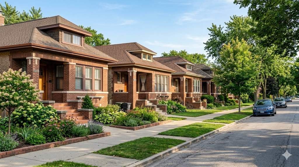 A block of classic Chicago brick bungalows on the Northwest Side