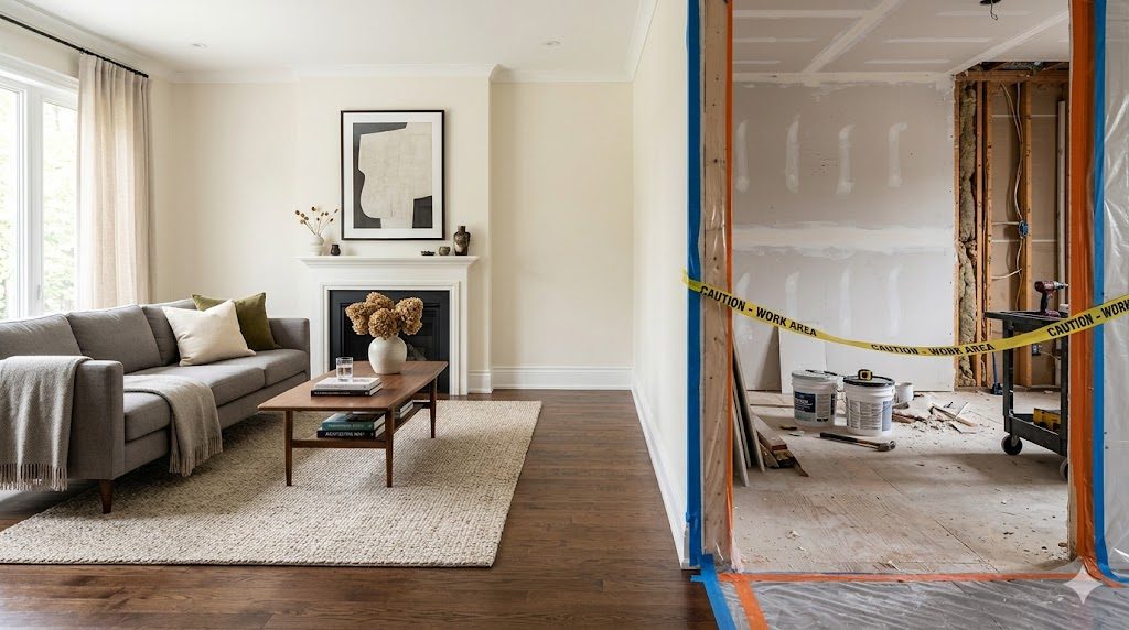 One finished room beside a taped-off in-progress renovation area