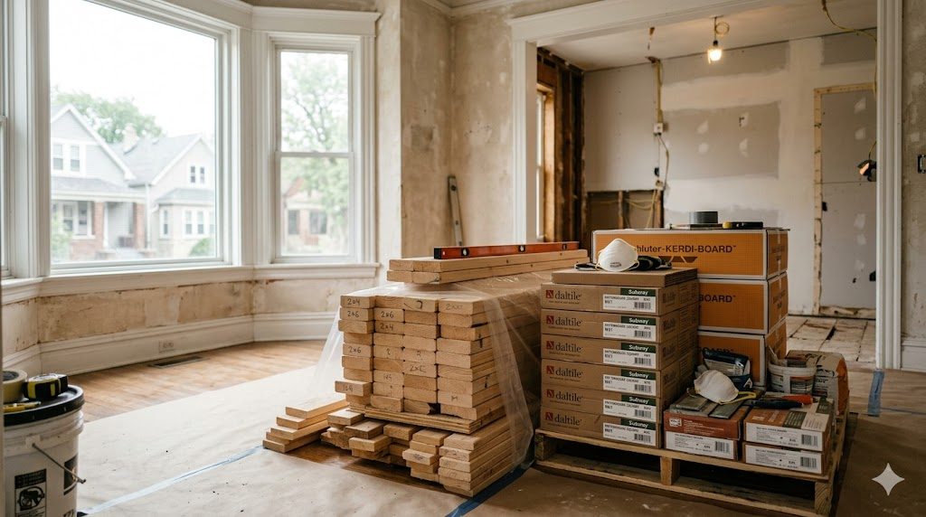 Construction materials staged in a Chicago home ready for a remodel