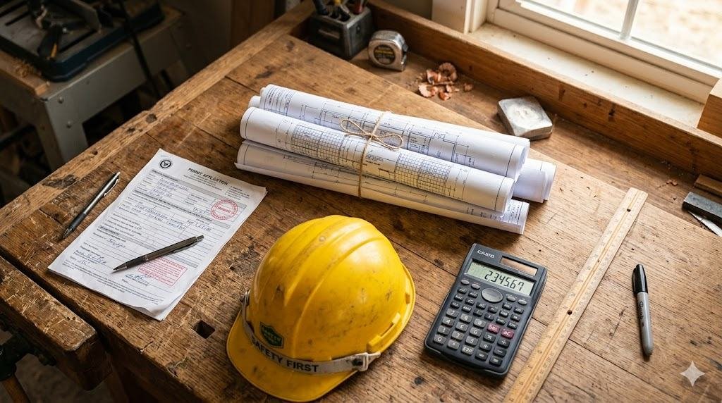 Architectural plans, a permit application form, hard hat and calculator on a workbench
