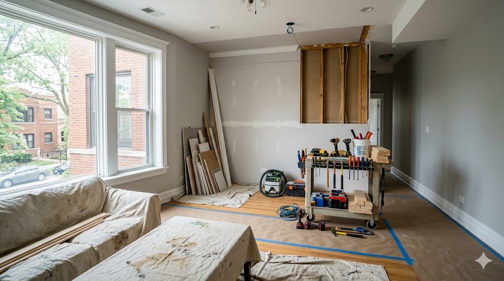 A tidy, active remodeling job site showing steady progress