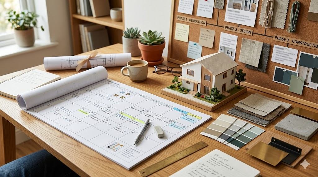 A remodel planning calendar and a model house on a desk