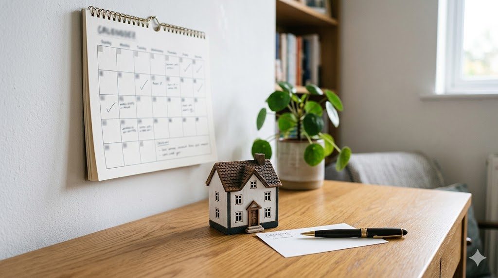 A calendar and a small model house on a desk symbolizing remodel timing