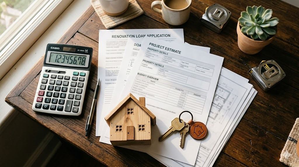 Renovation loan paperwork, calculator, and a small model house on a desk
