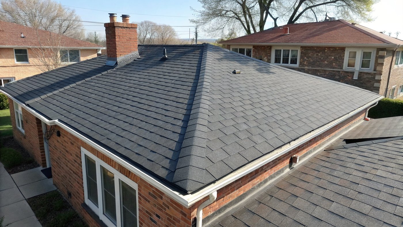 Freshly repaired Chicago roof with new dark charcoal asphalt shingles