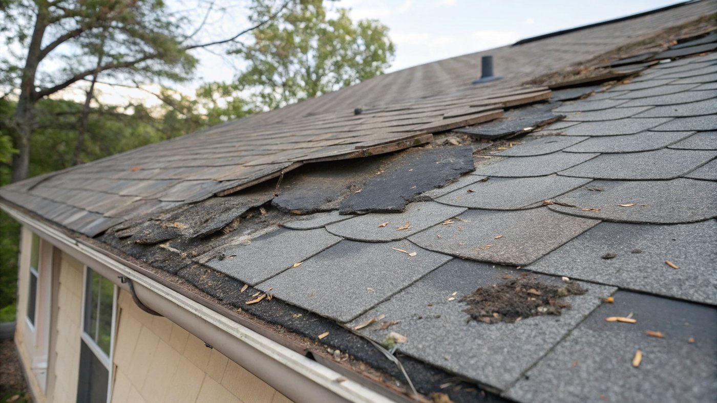 Close-up of badly damaged curling and missing asphalt shingles on a Chicago roof