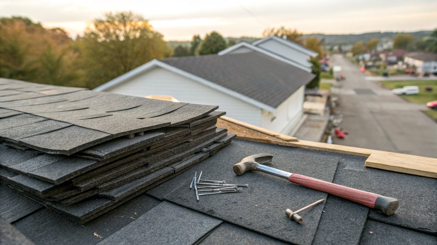 Stack of new dark architectural shingles and roofing hammer on a residential rooftop
